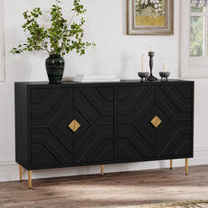 HLR 58" Modern Accent Sideboard Cabinet, 4 Doors, Adjustable Shelves, Fluted Storage Cabinet, Black