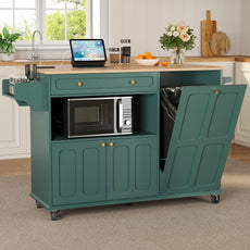 CBJCBJ Folding Rubber wood Kitchen Island, Kitchen Cart with Hidden Trash Can, Knife Rack & Spice Rack,Green