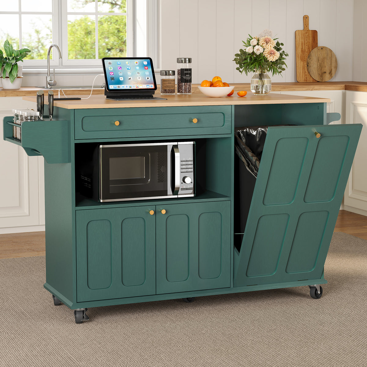 CBJCBJ Folding Rubber wood Kitchen Island, Kitchen Cart with Hidden Trash Can, Knife Rack & Spice Rack,Green