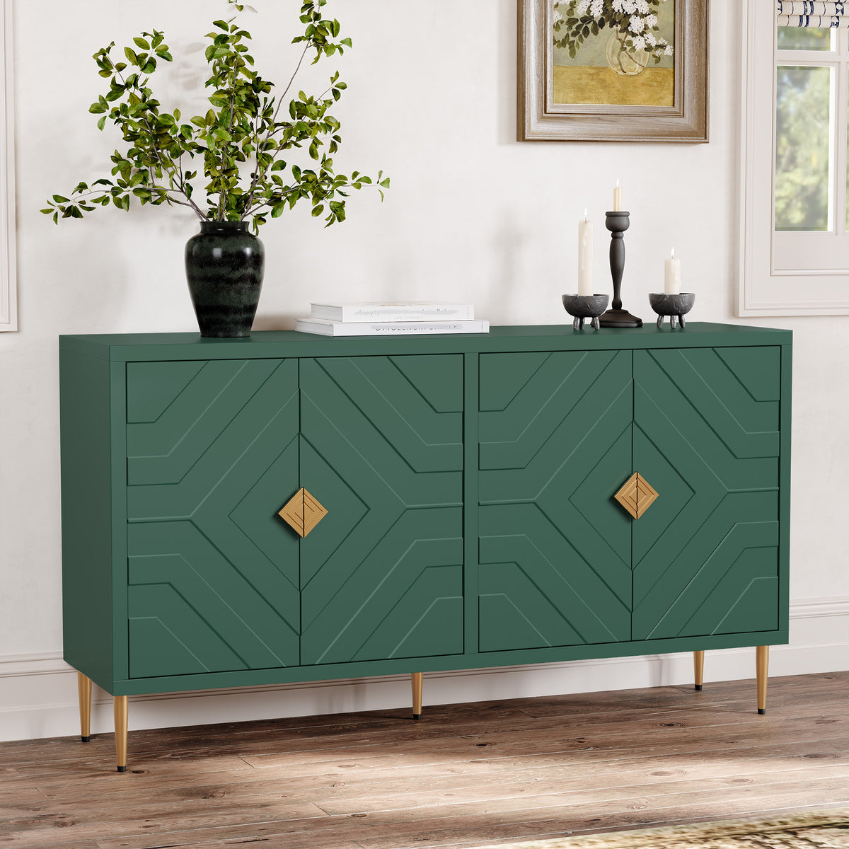 HLR 58" Modern Accent Sideboard Cabinet, 4 Doors, Adjustable Shelves, Fluted Storage Cabinet, Green