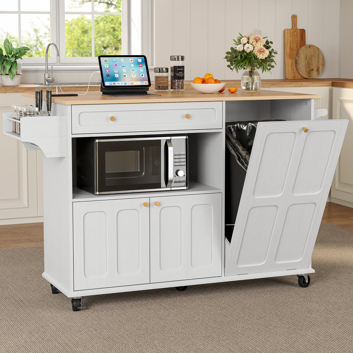 CBJCBJ Folding Rubber wood Kitchen Island, Kitchen Cart with Hidden Trash Can, Knife Rack & Spice Rack,White