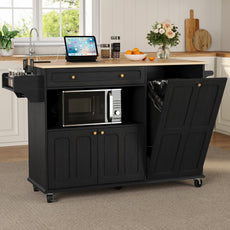 CBJCBJ Folding Rubber wood Kitchen Island, Kitchen Cart with Hidden Trash Can, Knife Rack & Spice Rack,Black