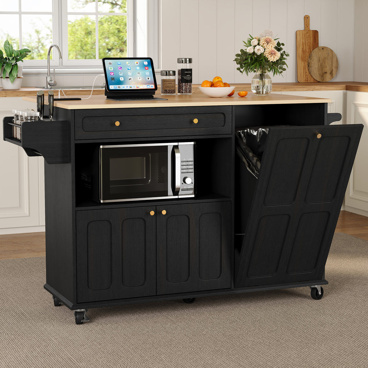 CBJCBJ Folding Rubber wood Kitchen Island, Kitchen Cart with Hidden Trash Can, Knife Rack & Spice Rack,Black