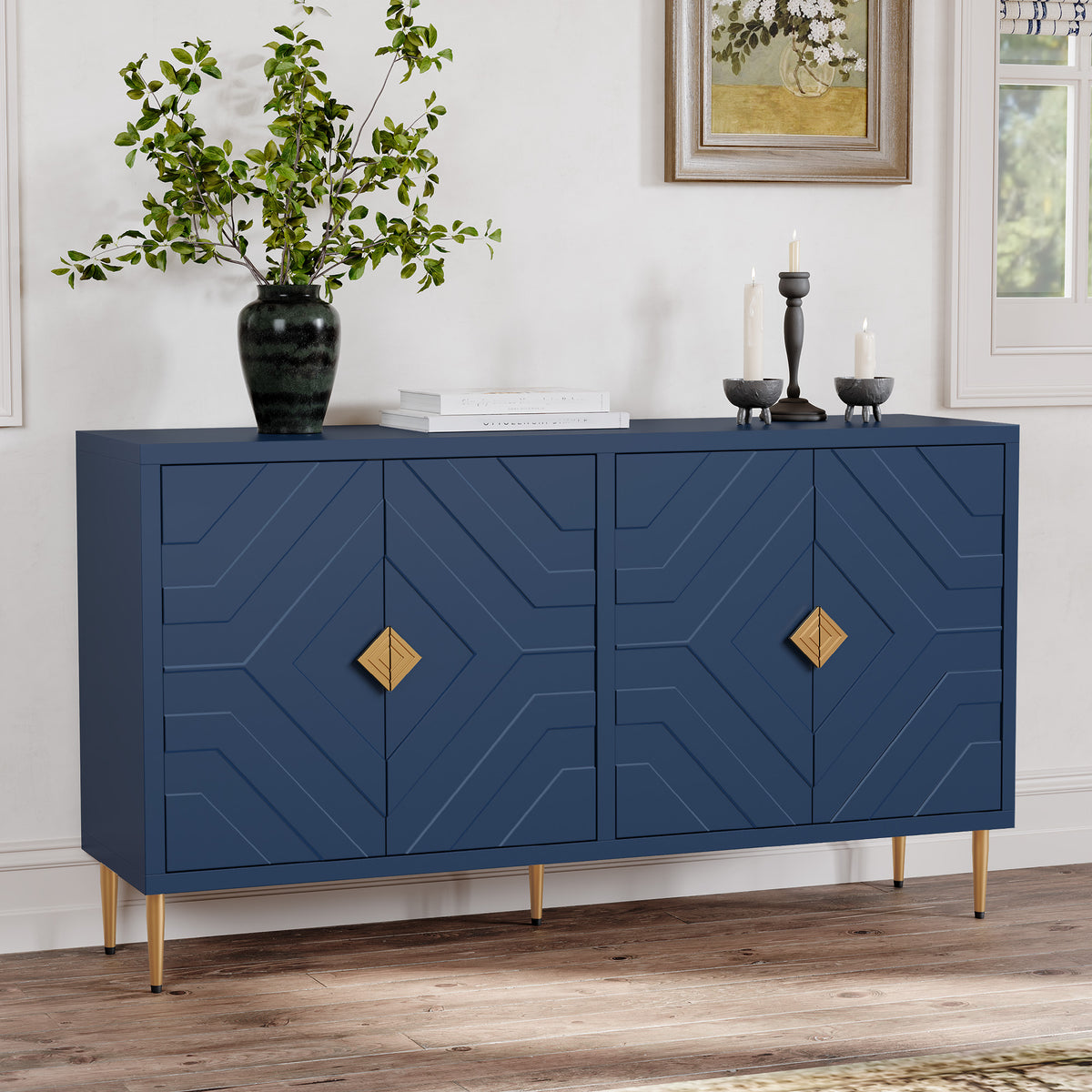 HLR 58" Modern Accent Sideboard Cabinet, 4 Doors, Adjustable Shelves, Fluted Storage Cabinet, Blue
