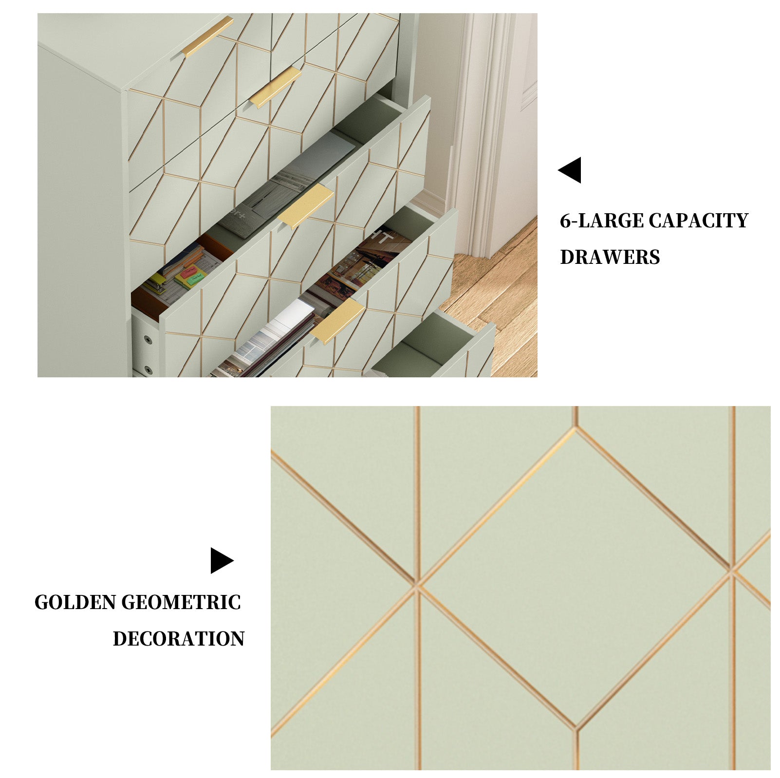 CBJCBJ 45"H Wood Gold Lines Green Dressers Chest of Drawers with 6 Drawers for Bedroom, Entryway