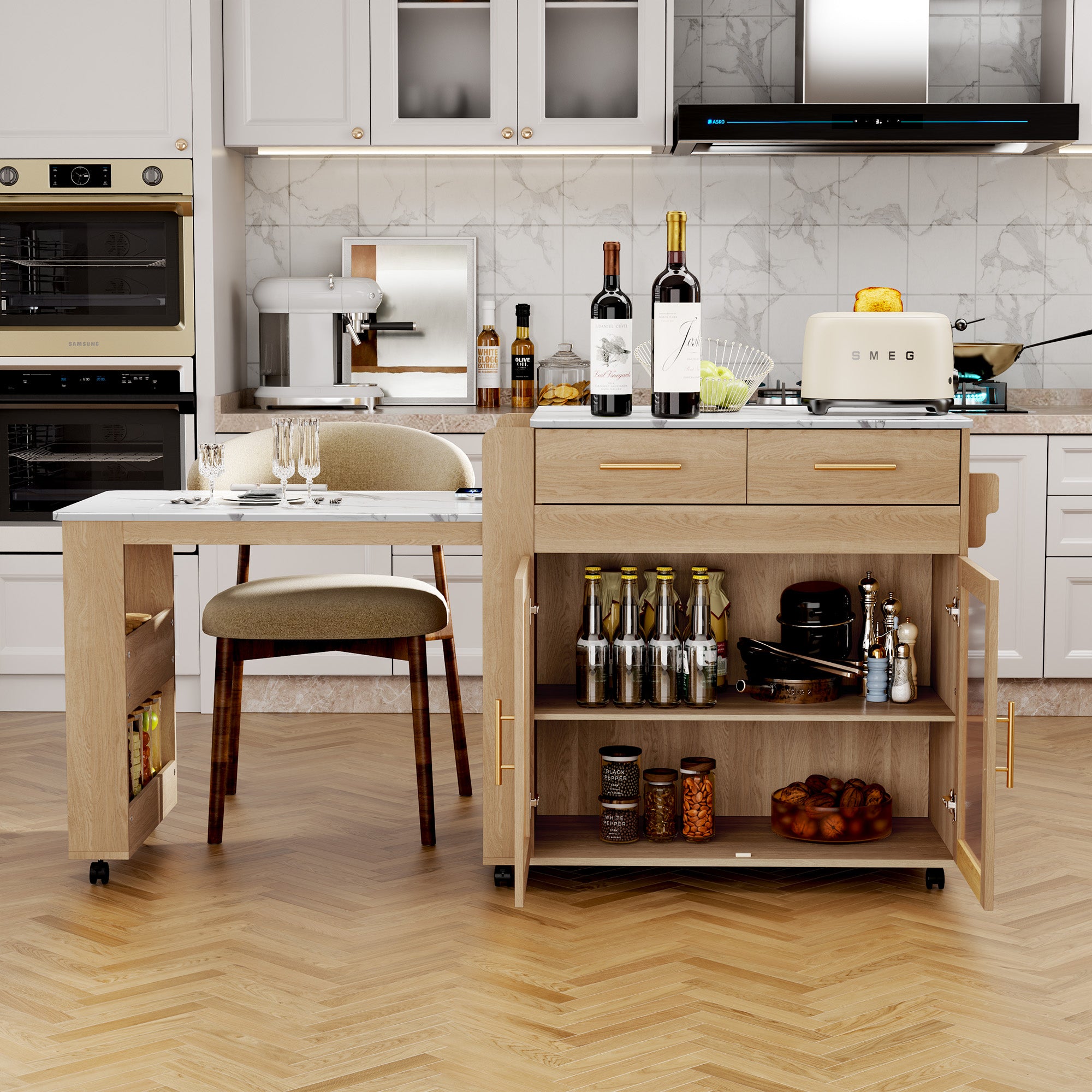 CBJCBJ Kitchen Island with Storage | Expandable Retractable on Wheels 71.65" L | Space-Saving of Island Cart, Beige