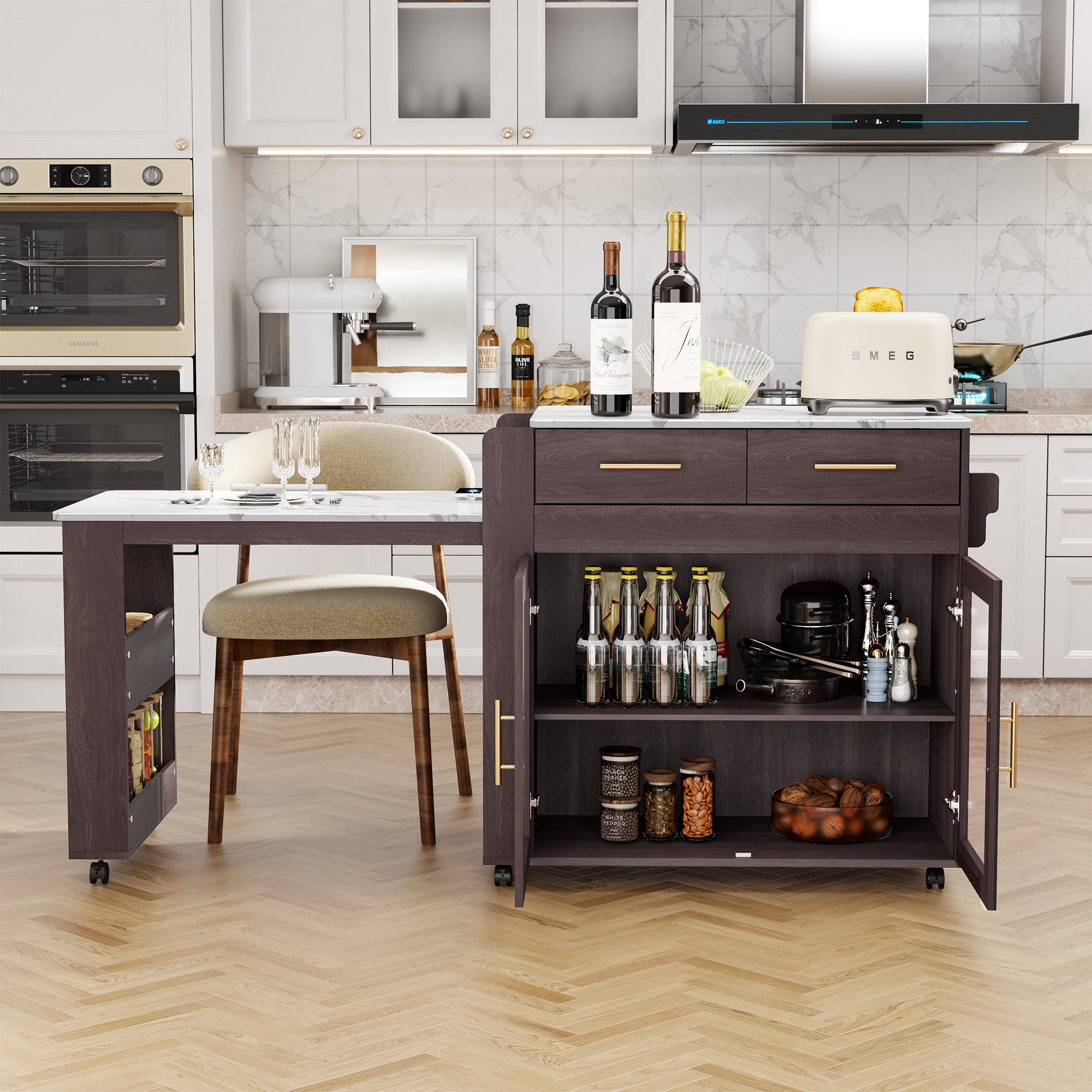CBJCBJ Kitchen Island with Storage | Expandable Retractable on Wheels 71.65" L| Space-Saving of Island Cart Brown