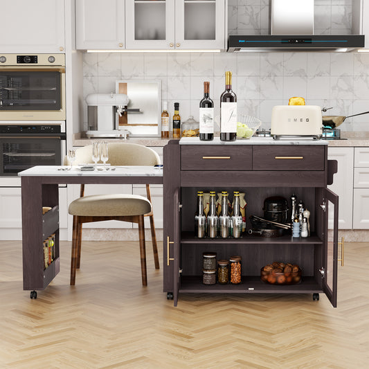 CBJCBJ Kitchen Island with Storage | Expandable Retractable on Wheels 71.65" L| Space-Saving of Island Cart Brown