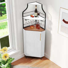 HLR Corner Coffee Bar Cabinet with LED Strip, 4-Tiers Modern Tall Liquor Cabinet with Wine Rack for Dining Room, White