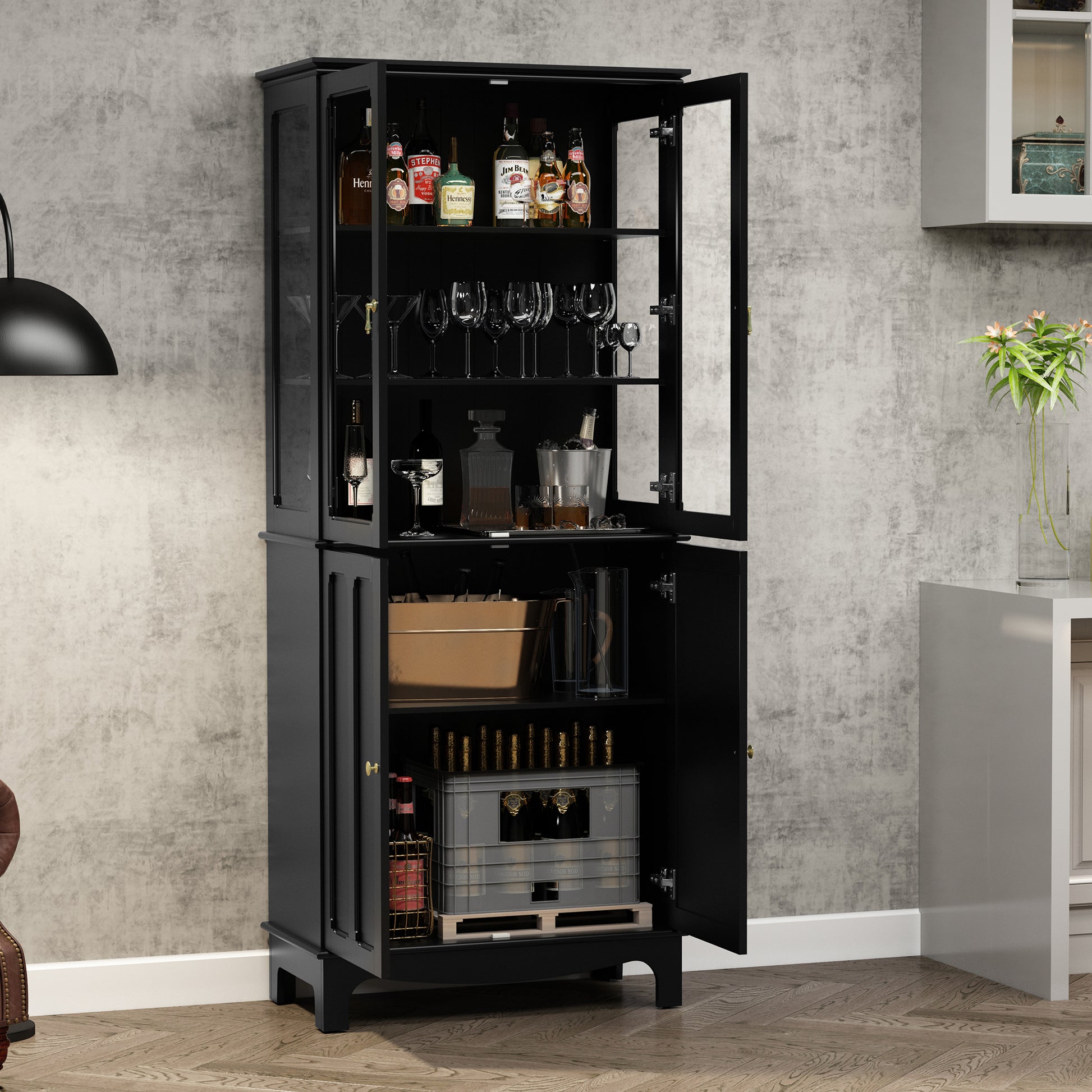 HLR 72" Modern Black Cupboard with Adjustable Shelves, Elegant Storage Cabinet