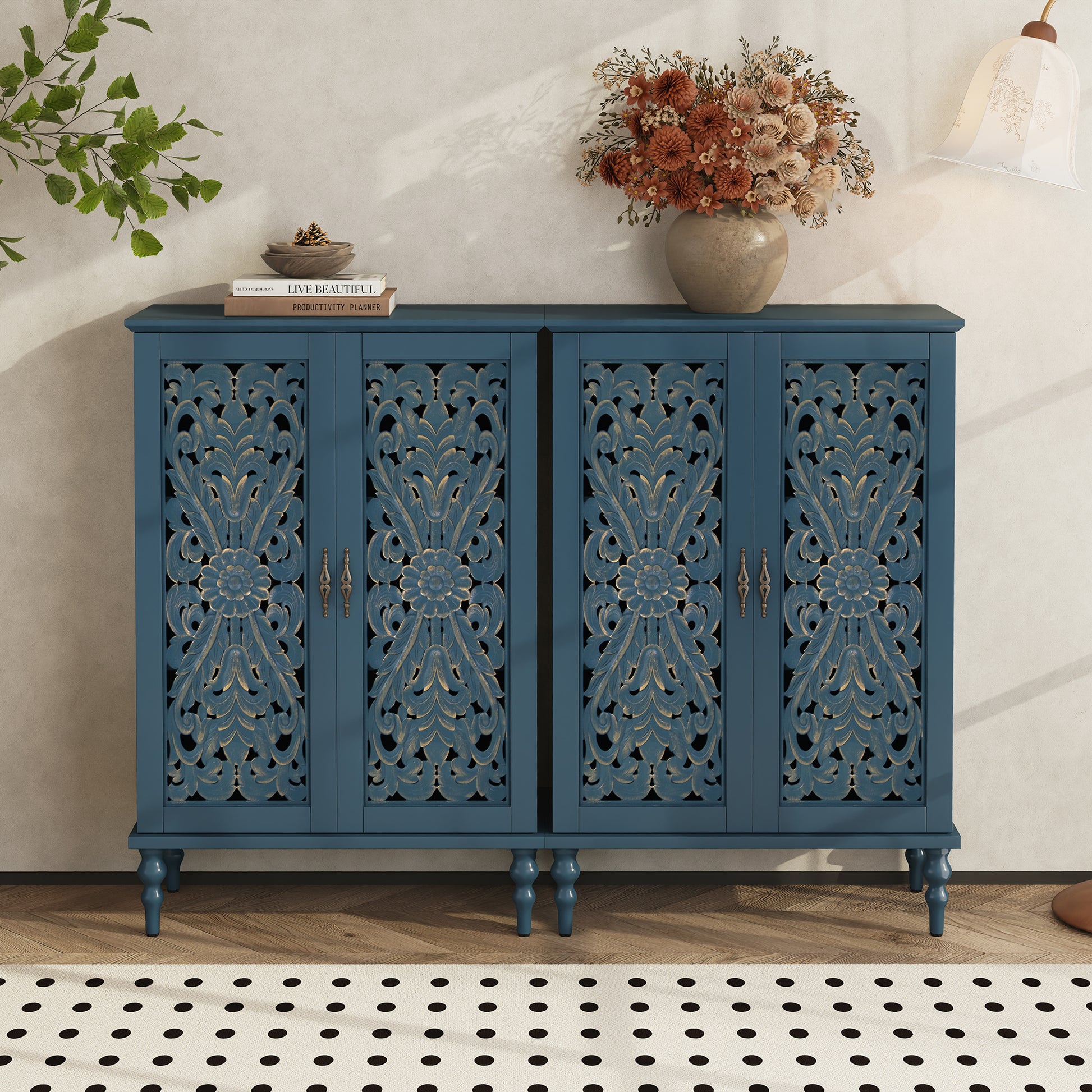 HLR Buffet Cabinet with Storage Accent Sideboard, Modern Hollow 2 Doors Credenza for Dining Room, Blue