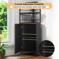 HLR Corner Coffee Bar Cabinet with LED Strip, 4-Tiers Modern Tall Liquor Cabinet with Wine Rack for Dining Room