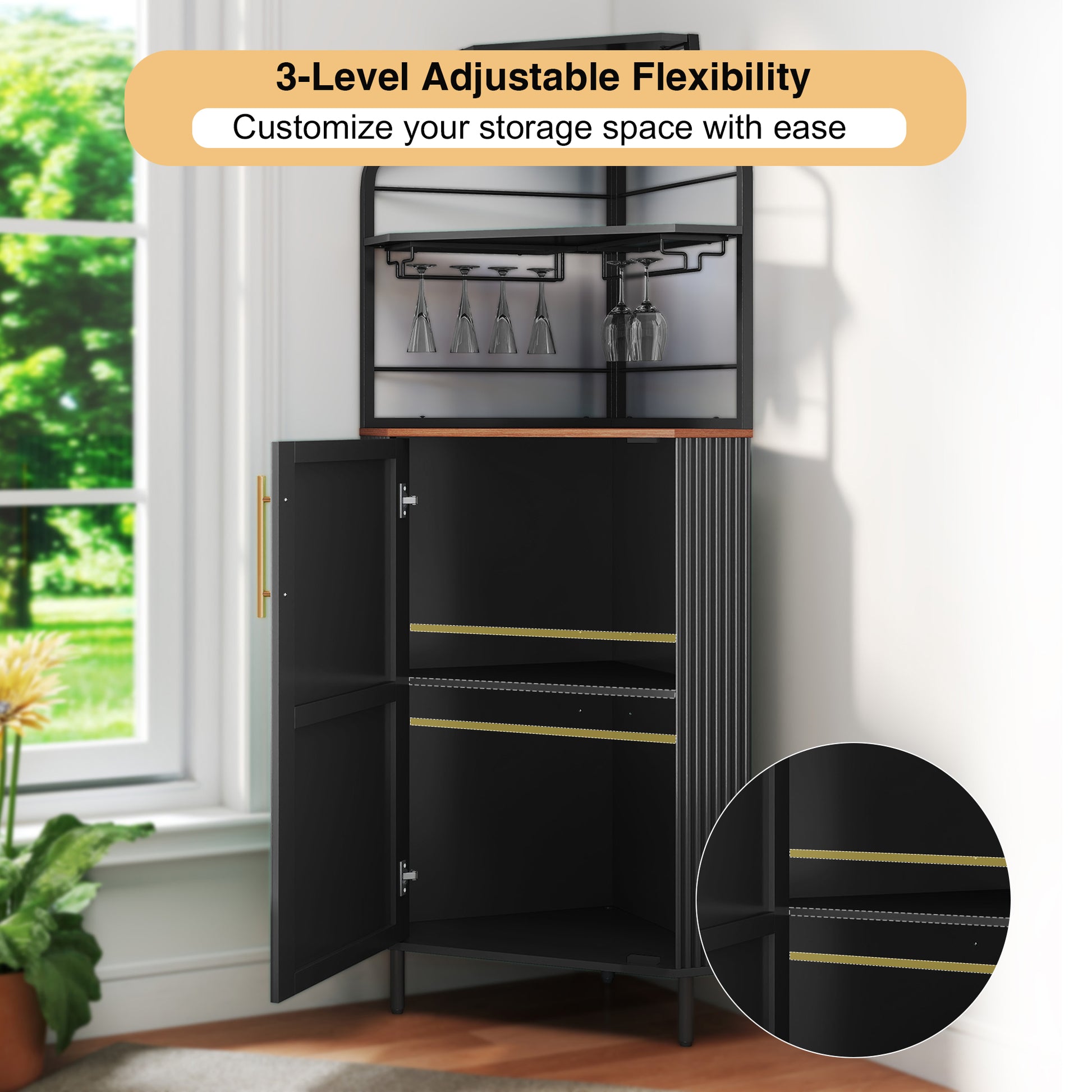 HLR Corner Coffee Bar Cabinet with LED Strip, 4-Tiers Modern Tall Liquor Cabinet with Wine Rack for Dining Room