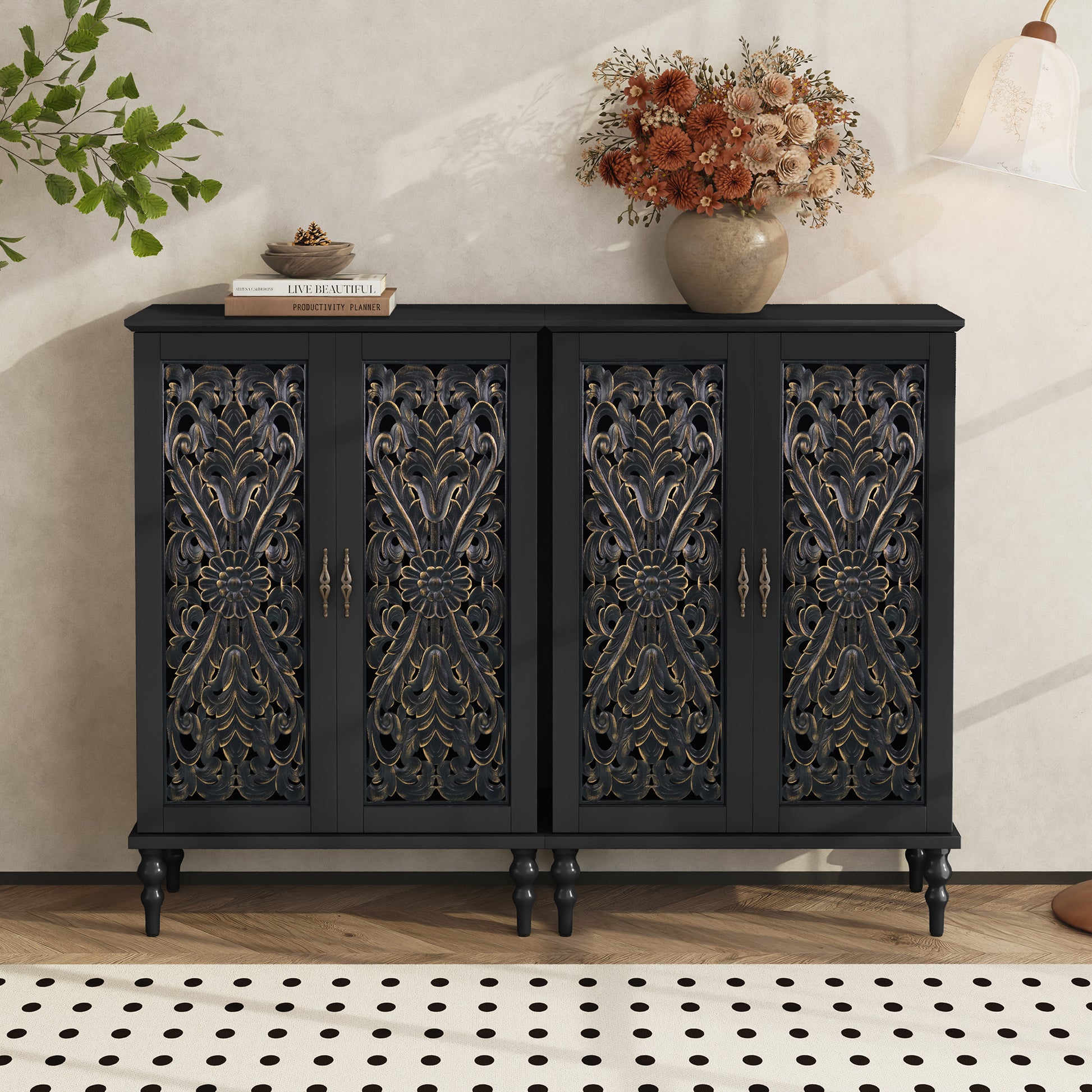 HLR Buffet Cabinet with Storage Accent Sideboard, Modern Hollow 2 Doors Credenza for Dining Room, Black