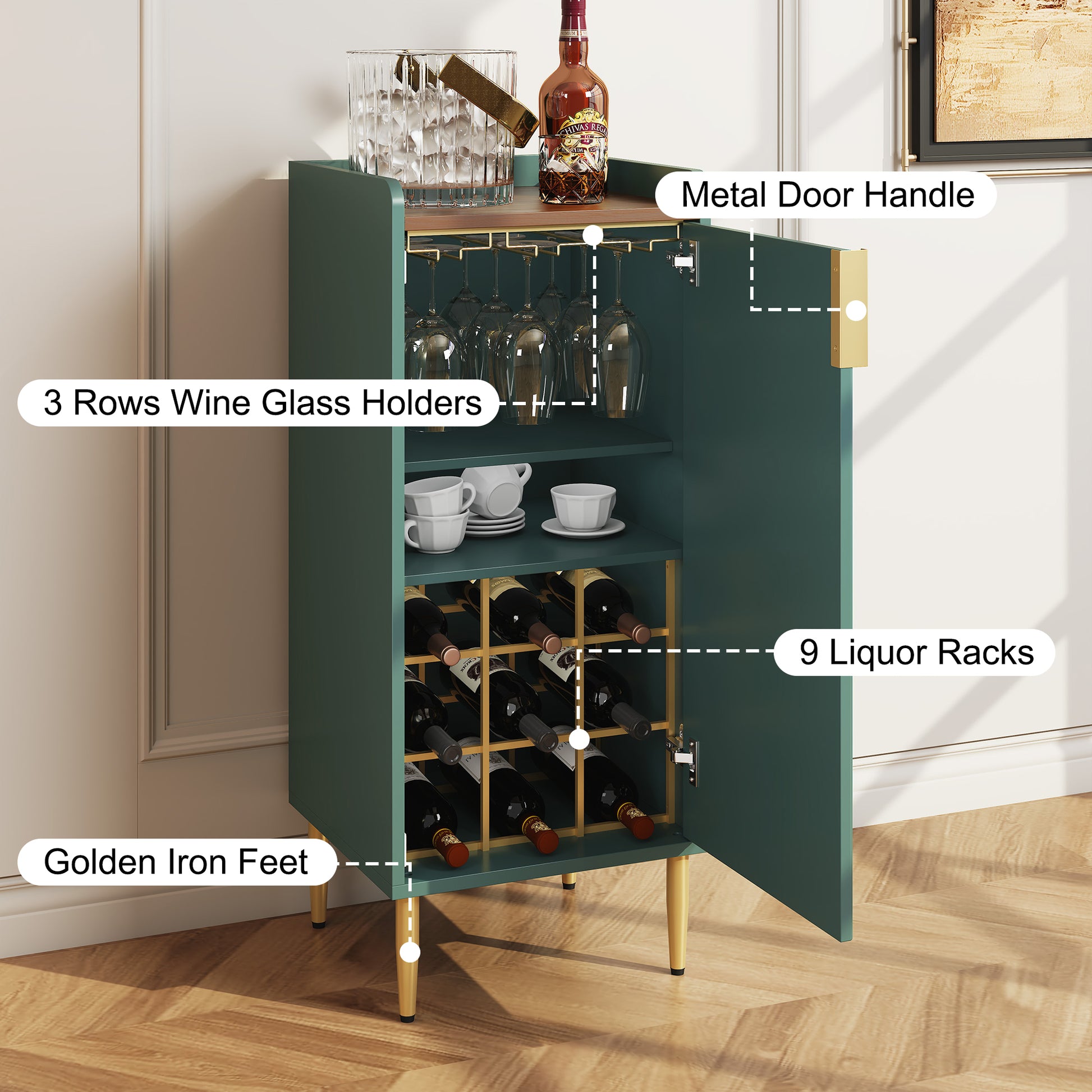 CBJCBJ Modern Wine Storage Cabinet with Rack & Adjustable shelves Coffee Bar for Kitchen, Dining Room, Apartment, Green