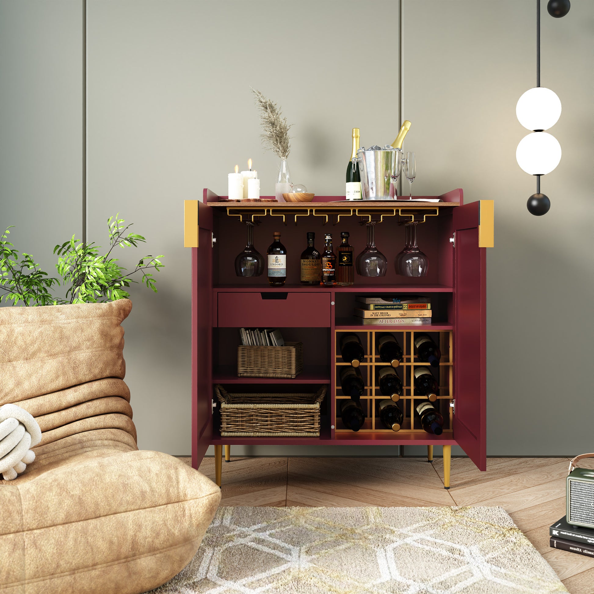 HLR 32"W Wine Bar Cabinet with 2 Door Fluted Texture, Modern Coffee Cabinet with Rack&Glass Holder,Red