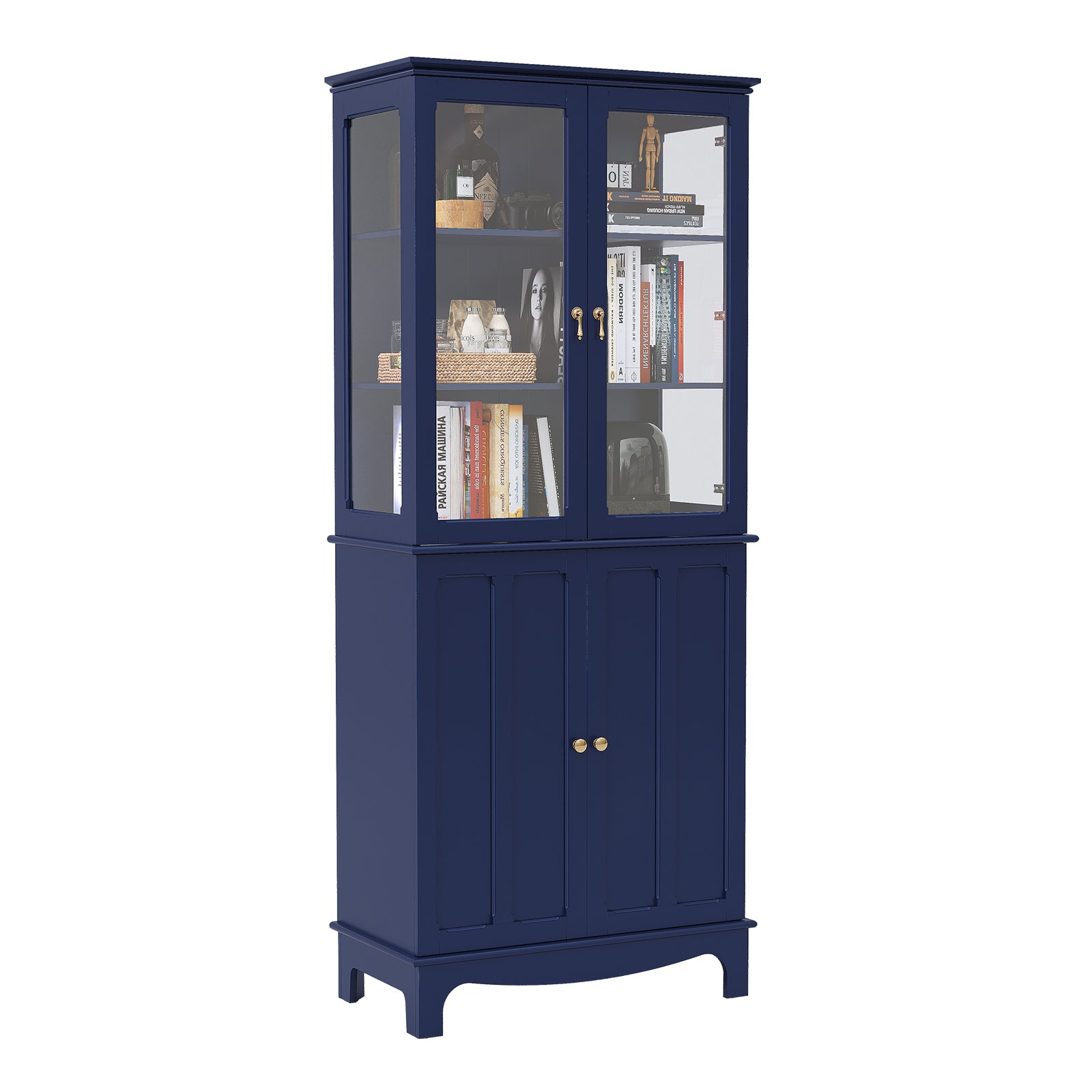 CBJCBJ Modern Bookcase with Storage, Display Cabinet with Glass Doors, Storage Cabinet with Adjustable Shelves,Blue
