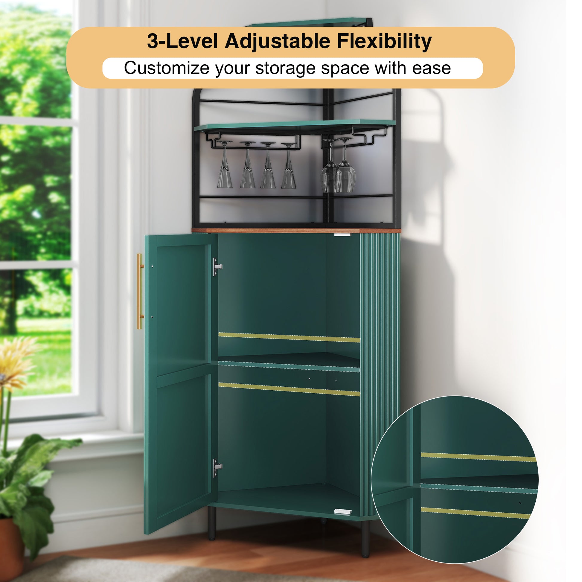 HLR Corner Coffee Bar Cabinet with LED Strip, 4-Tiers Modern Tall Liquor Cabinet with Wine Rack for Dining Room