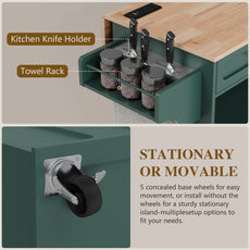 HLR Mid-Century 60" Kitchen Island with Trash Can Storage, Rolling Island Table, Green