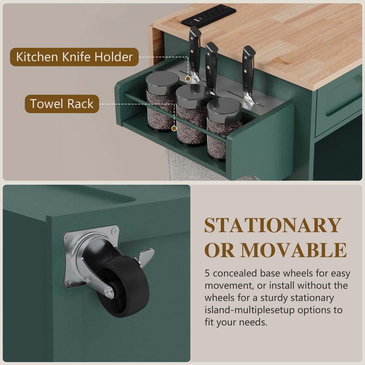 HLR Mid-Century 60" Kitchen Island with Trash Can Storage, Rolling Island Table, Green