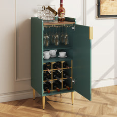 HLR 38" Modern Wine Bar Cabinet with Door Storage, Wood Credenza Buffet Cabinet with Wine Glass Rack, Green
