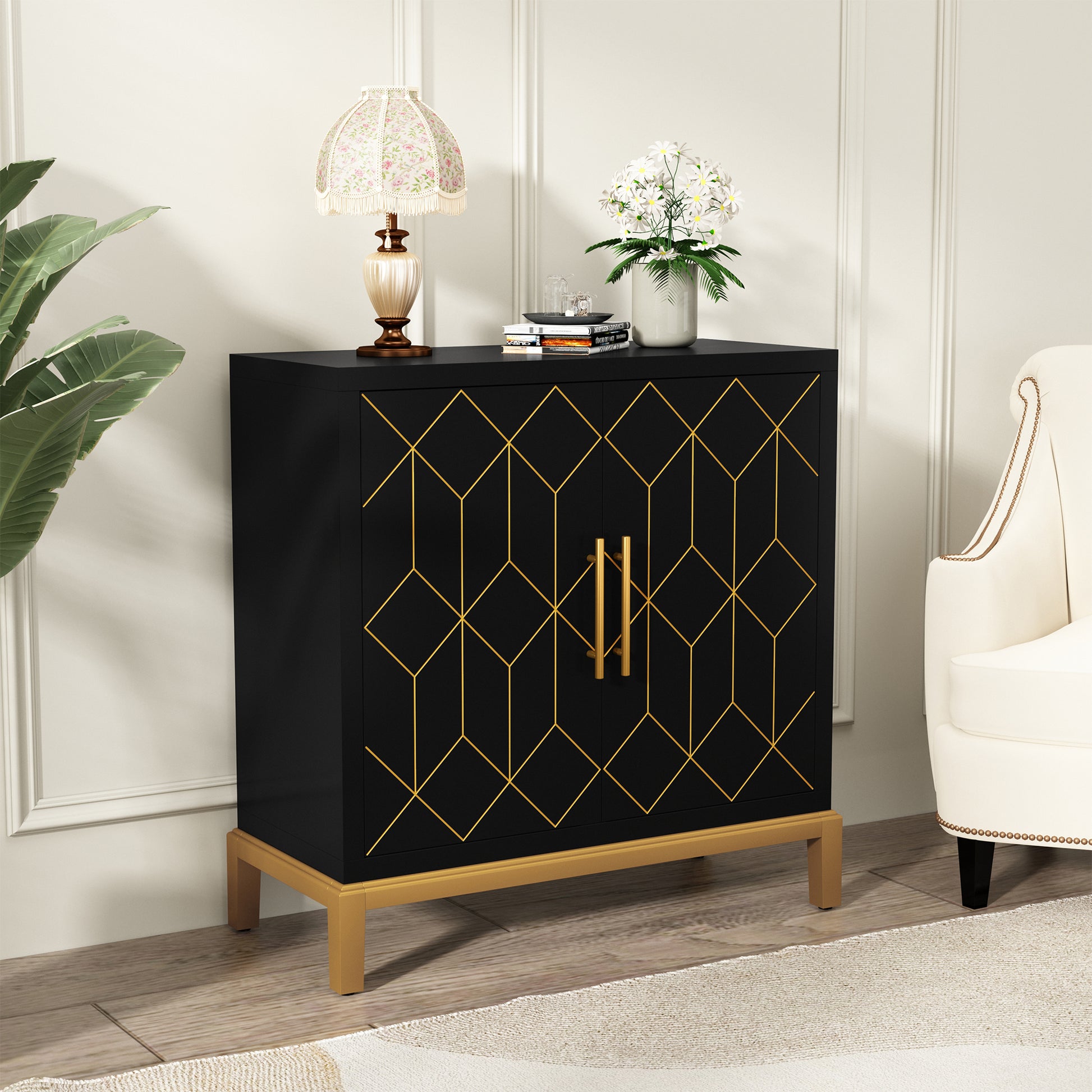 HLR 30.7"W Black Accent Cabinet with 2 Doors, Entryway Cabinet with Gold Trim, Modern Buffet Sideboards