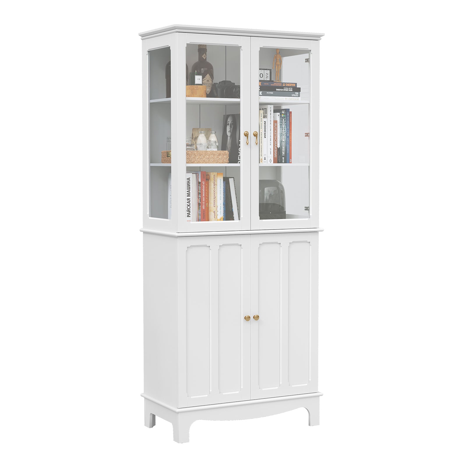 CBJCBJ Modern Bookcase with Storage, Display Cabinet with Glass Doors, Storage Cabinet with Adjustable Shelves,White
