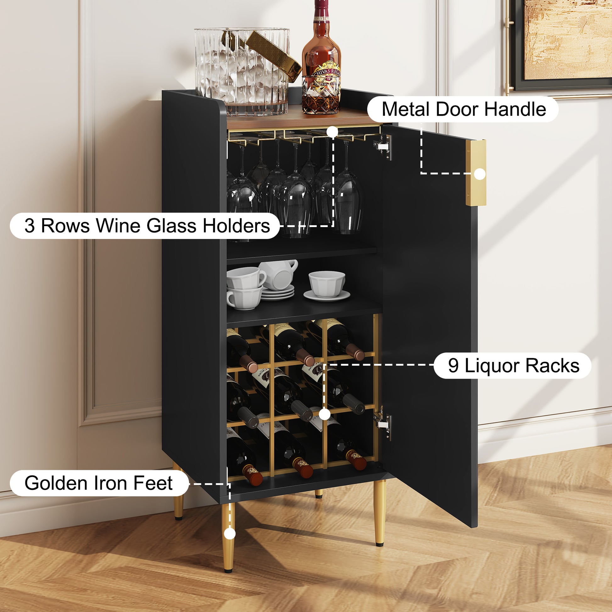 CBJCBJ Modern Wine Storage Cabinet with Rack & Adjustable shelves Coffee Bar for Kitchen, Dining Room, Apartment, Black