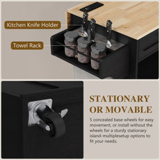 HLR Mid-Century 60" Kitchen Island with Trash Can Storage, Rolling Island Table, Black