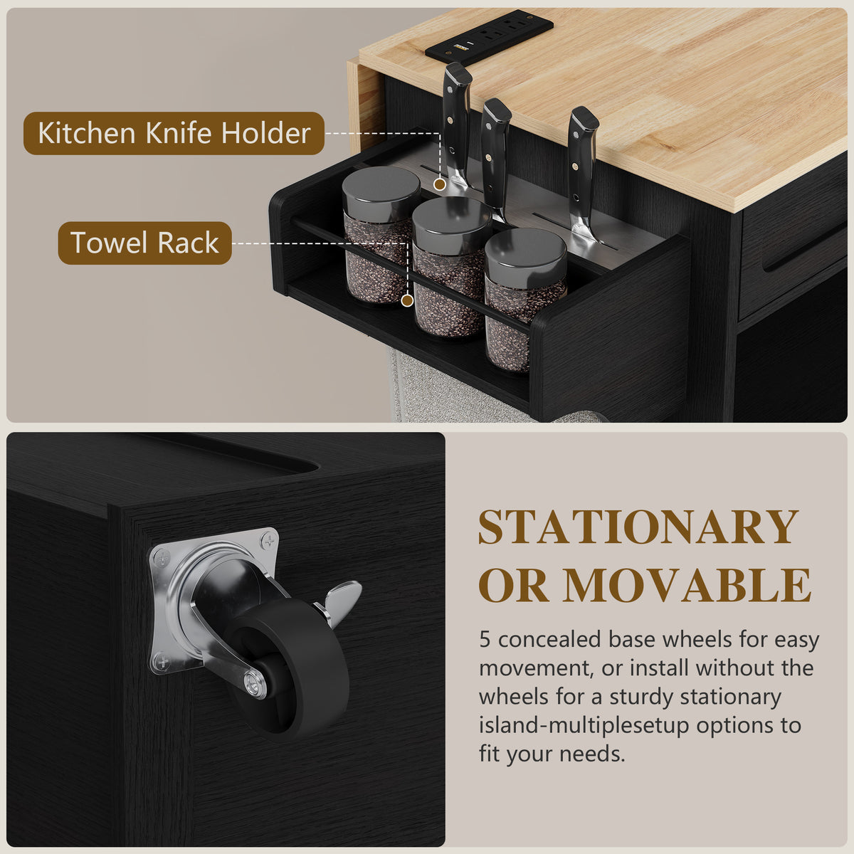 HLR Mid-Century 60" Kitchen Island with Trash Can Storage, Rolling Island Table, Black