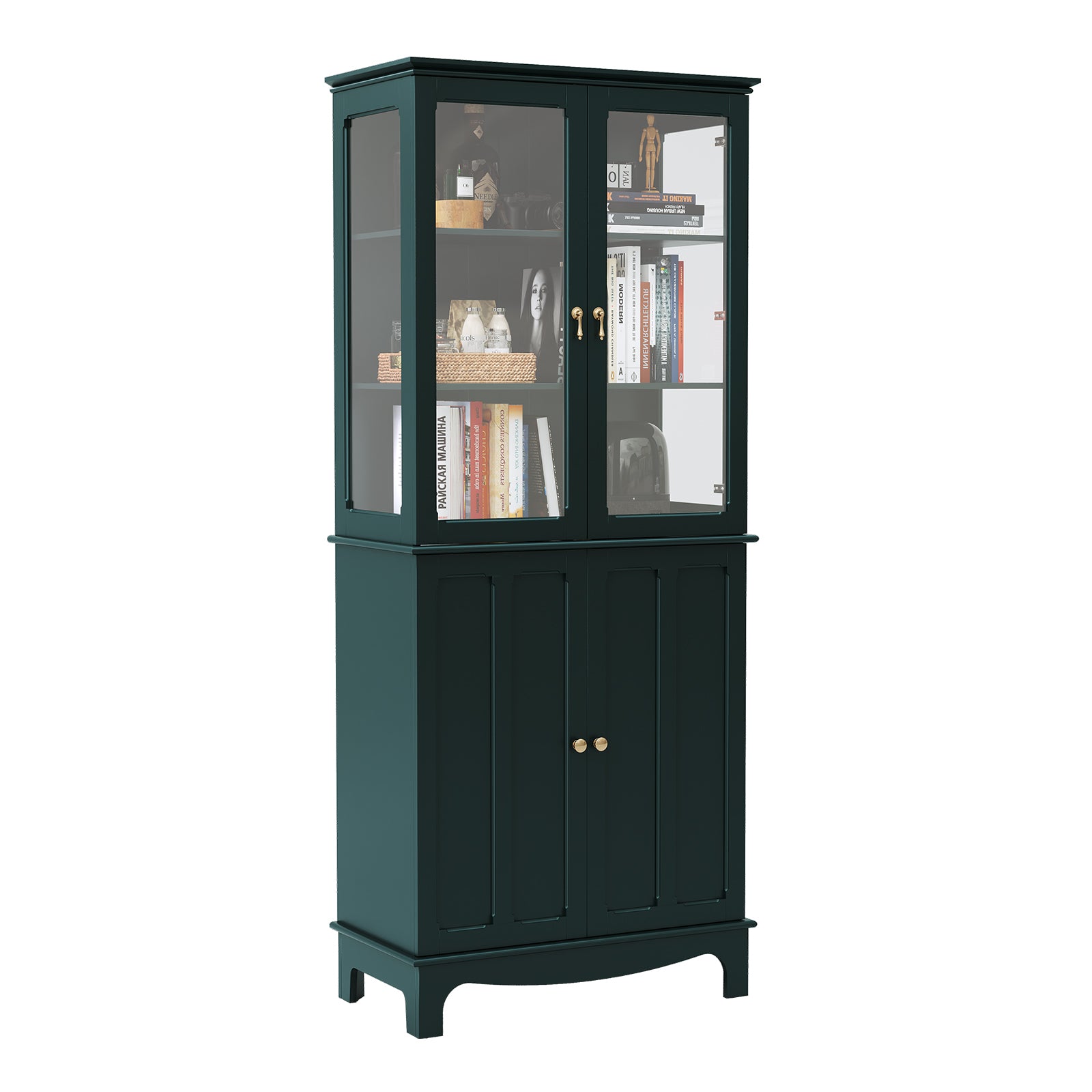 CBJCBJ Modern Bookcase with Storage, Display Cabinet with Glass Doors, Storage Cabinet with Adjustable Shelves,Green