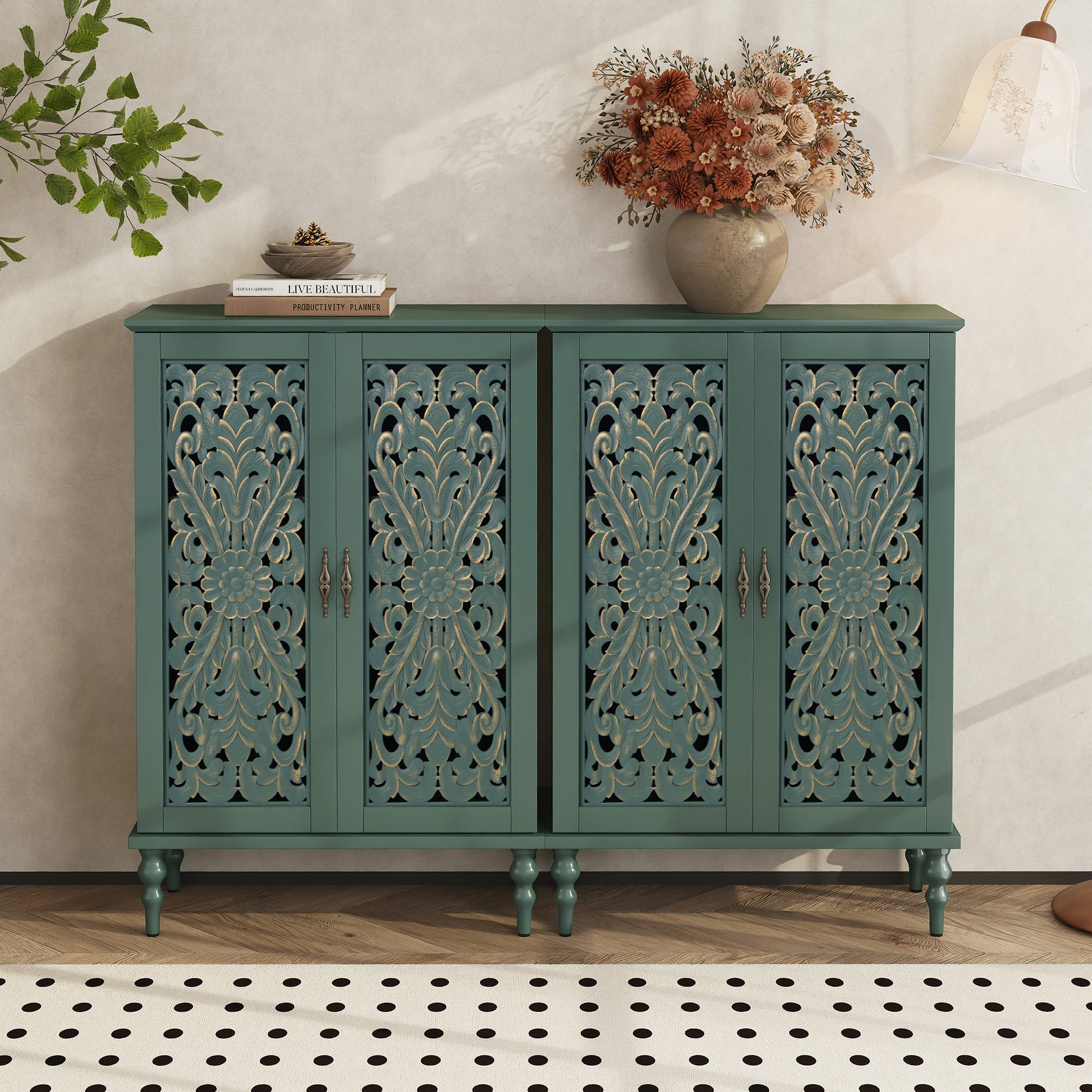 HLR Buffet Cabinet with Storage Accent Sideboard, Modern Hollow 2 Doors Credenza for Dining Room, Green