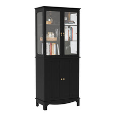 CBJCBJ Modern Bookcase with Storage, Display Cabinet with Glass Doors, Storage Cabinet with Adjustable Shelves,Black