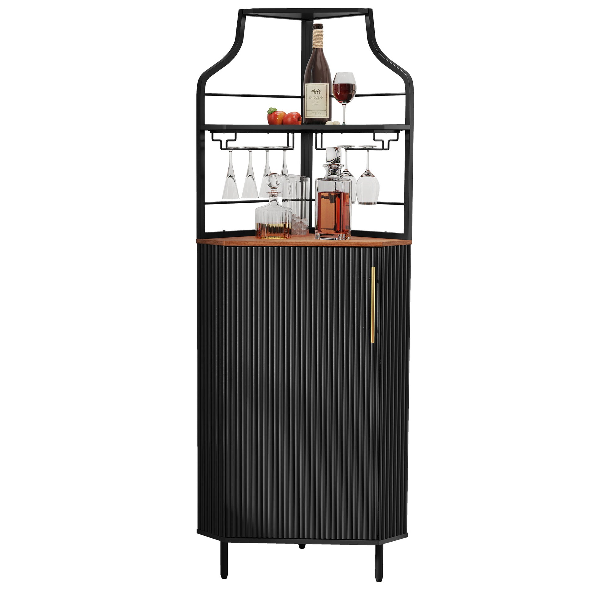 HLR Corner Coffee Bar Cabinet with LED Strip, 4-Tiers Modern Tall Liquor Cabinet with Wine Rack for Dining Room