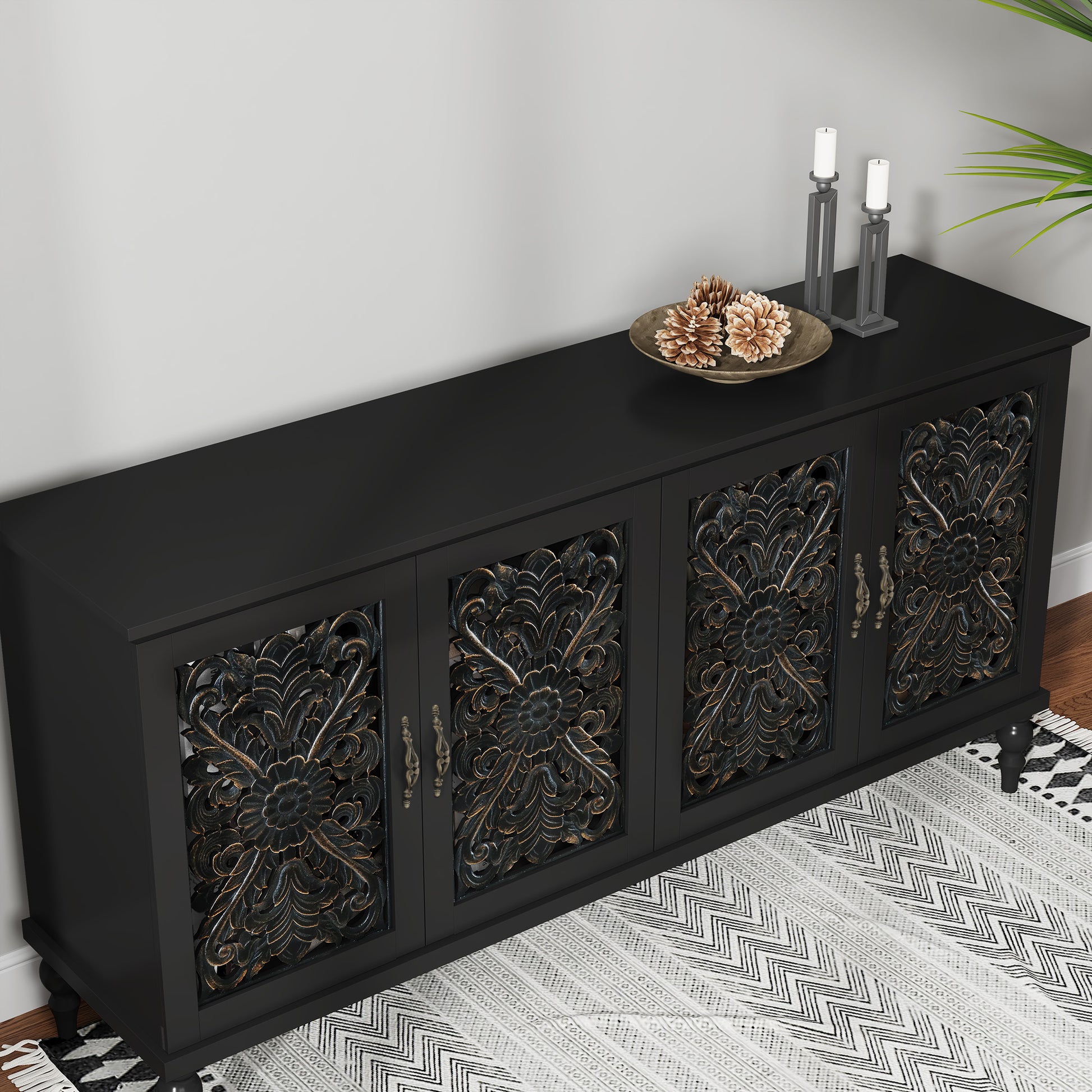 HLR 61.8" Accent Cabinet, 4 Doors Sideboards and Buffets Cabinet Buffet Cabinet with Storage for Living Room, Black