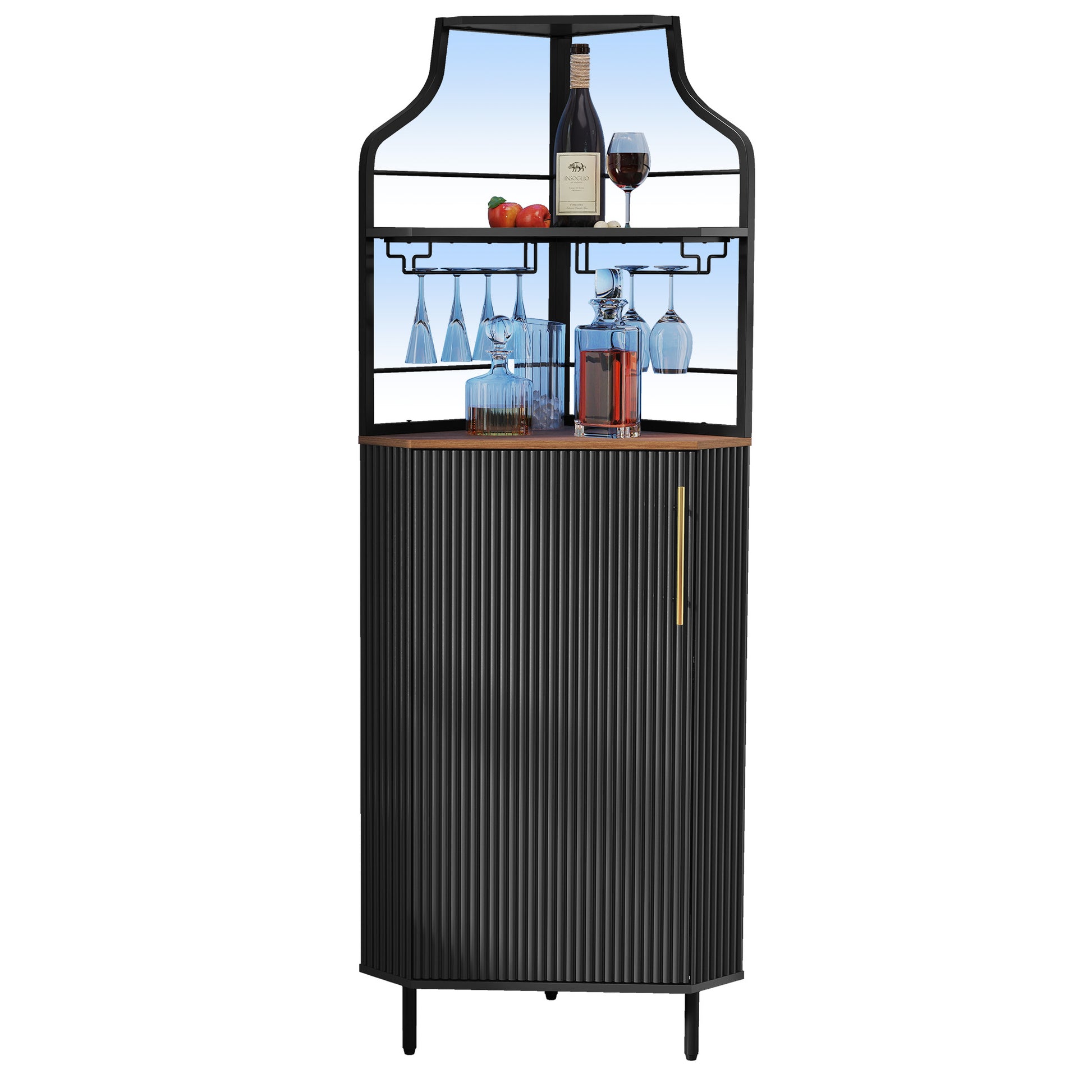 HLR Corner Coffee Bar Cabinet with LED Strip, 4-Tiers Modern Tall Liquor Cabinet with Wine Rack for Dining Room