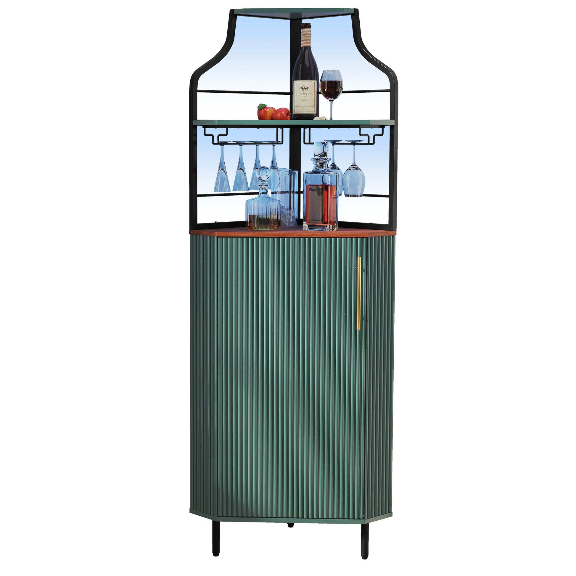 HLR Corner Coffee Bar Cabinet with LED Strip, 4-Tiers Modern Tall Liquor Cabinet with Wine Rack for Dining Room