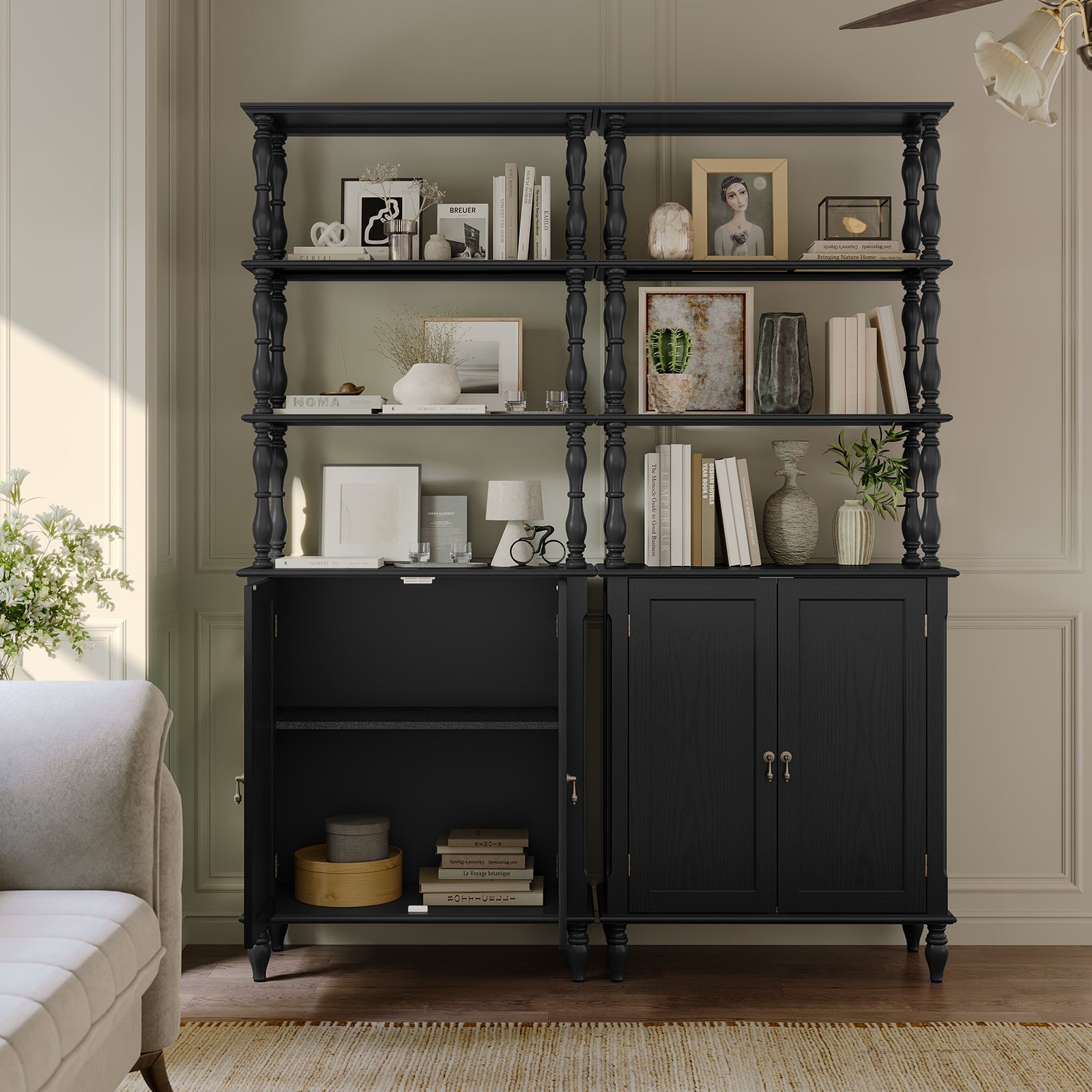 CBJCBJ 77.5" Retro Bookcase with Storage Cabinet and Removable Display Shelf, Suitable for Living Room, Study Room,Black