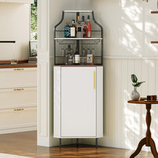 HLR Corner Coffee Bar Cabinet with LED Strip, 4-Tiers Modern Tall Liquor Cabinet with Wine Rack for Dining Room, White