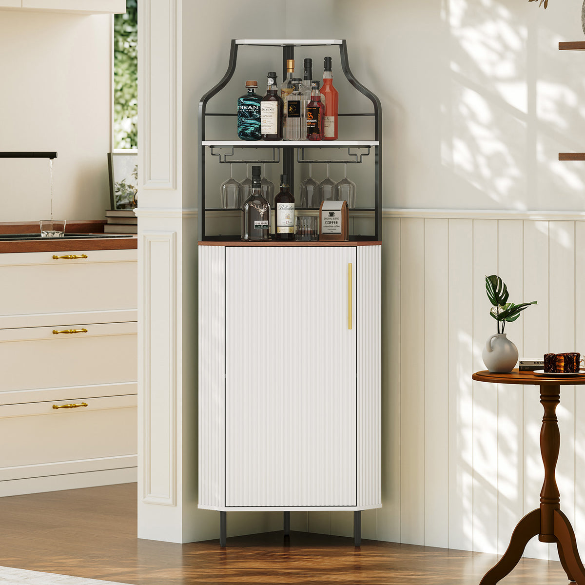 HLR Corner Coffee Bar Cabinet with LED Strip, 4-Tiers Modern Tall Liquor Cabinet with Wine Rack for Dining Room, White