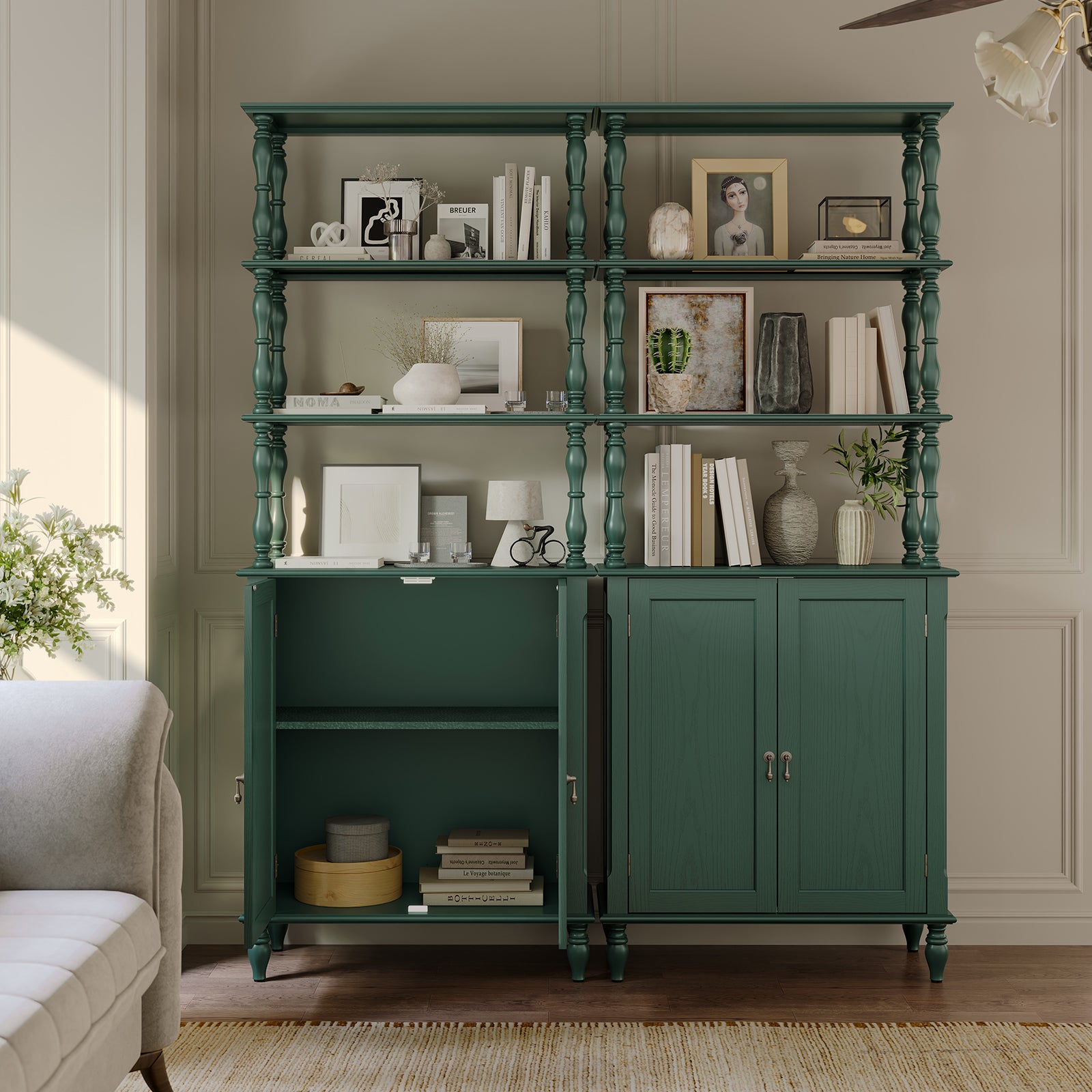 CBJCBJ 77.5" Retro Bookcase with Storage Cabinet and Removable Display Shelf, Suitable for Living Room, Study Room,Green