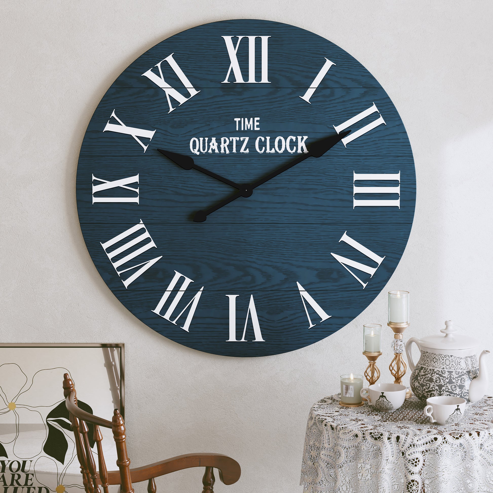 CBJCBJ 35.5” Farmhouse Large Shiplap Round Wall Clock with Roman Numeral for Living Room Decor, Blue