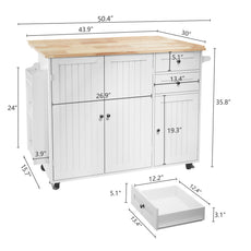 HLR 50.39" Kitchen Island with Storage, Wood Top Cart with Drop Leaf and Wheels, White