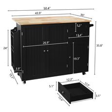 HLR 50.39" Kitchen Islands with Storage, Wood Top Cart with Drop Leaf and Wheels,Black