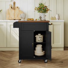HLR Small Kitchen Islands Table with Storage, Rolling Wood Microwave Cart on Wheels for Dining Room, Black