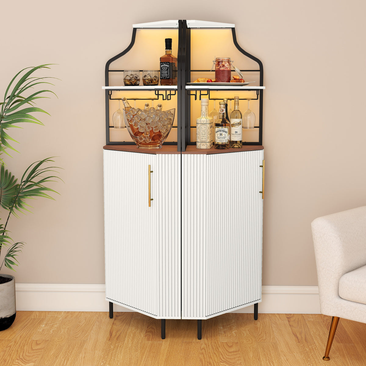 HLR Corner Coffee Bar Cabinet with LED Strip, 4-Tiers Modern Tall Liquor Cabinet with Wine Rack for Dining Room, White