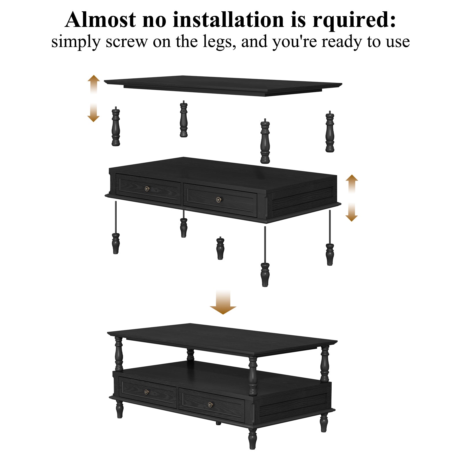 HLR 41" Mid Century Modern Coffee Table with Drawer Storage, Assembled Wood Center Table for Living Room, Black