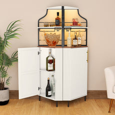 HLR Corner Coffee Bar Cabinet with LED Strip, 4-Tiers Modern Tall Liquor Cabinet with Wine Rack for Dining Room, White