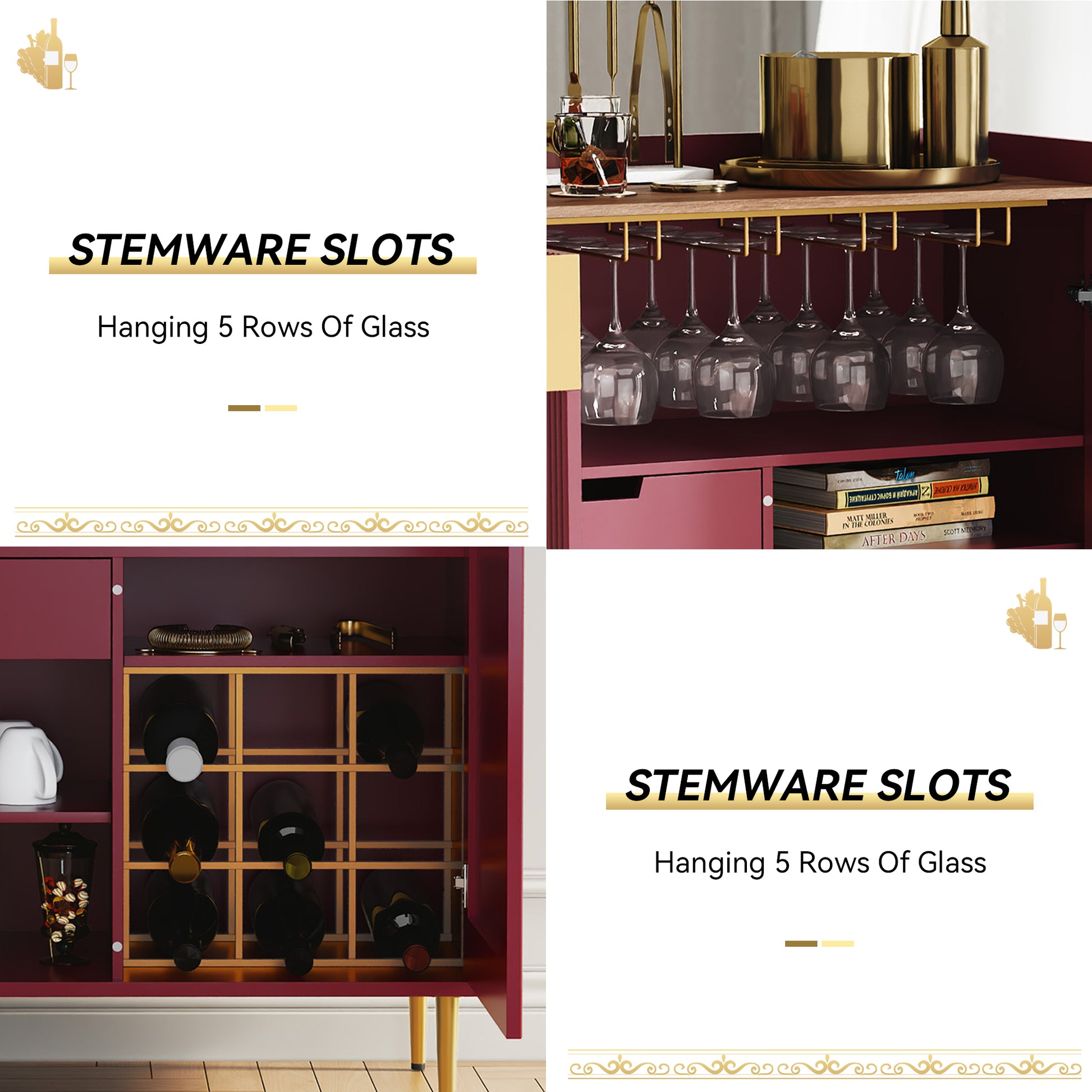HLR 32"W Wine Bar Cabinet with 2 Door Fluted Texture, Modern Coffee Cabinet with Rack&Glass Holder,Red