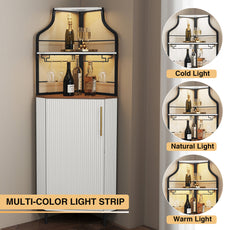 HLR Corner Coffee Bar Cabinet with LED Strip, 4-Tiers Modern Tall Liquor Cabinet with Wine Rack for Dining Room, White